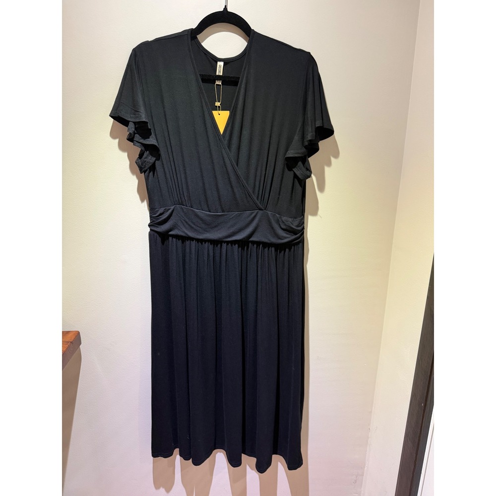Grecerelle Black Wrap V-Neck Ruffle Sleeve Empire Waist Midi Dress 2XL NWT